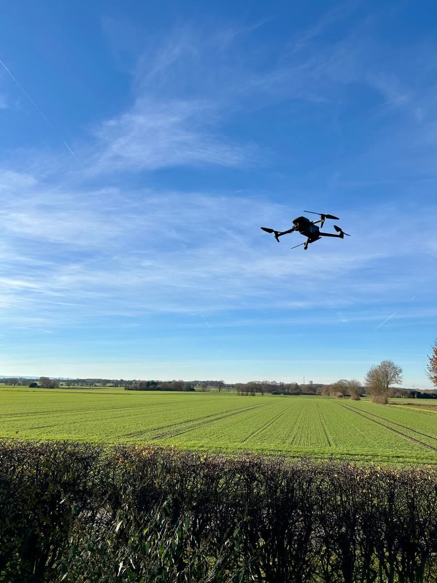 Die Drohne fliegt über einem Feld unter blauem Himmel